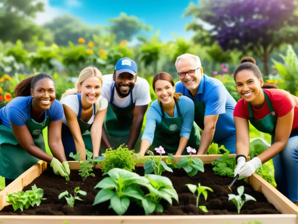 Voluntarios colaborando en jardín comunitario, promoviendo desarrollo sostenible en ONGs