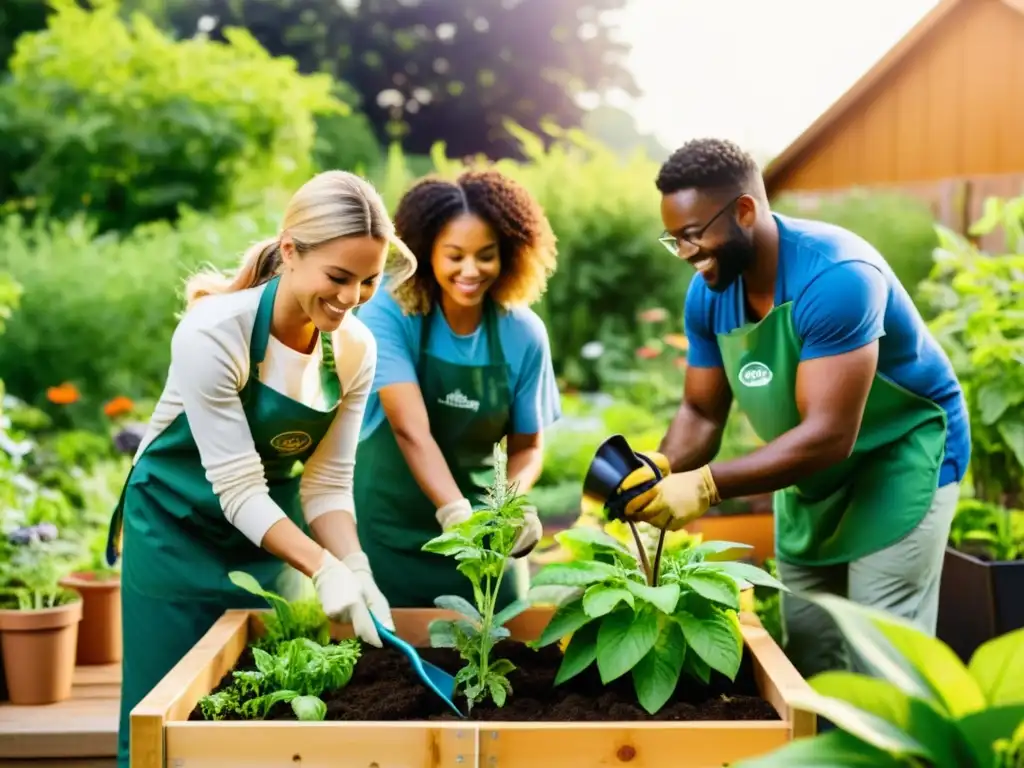 Voluntarios trabajando en jardín comunitario, promoviendo estrategias sostenibles para ONGs