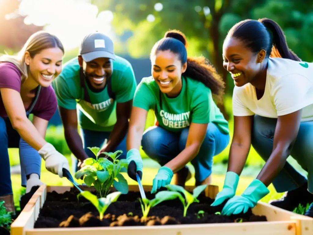 Voluntarios construyendo jardín comunitario sostenible, plantando árboles y regando hortalizas