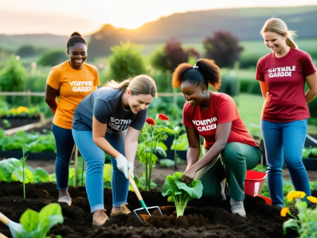 Voluntarios construyendo jardín comunitario en zona rural al atardecer, fomentando responsabilidad social en ONGs