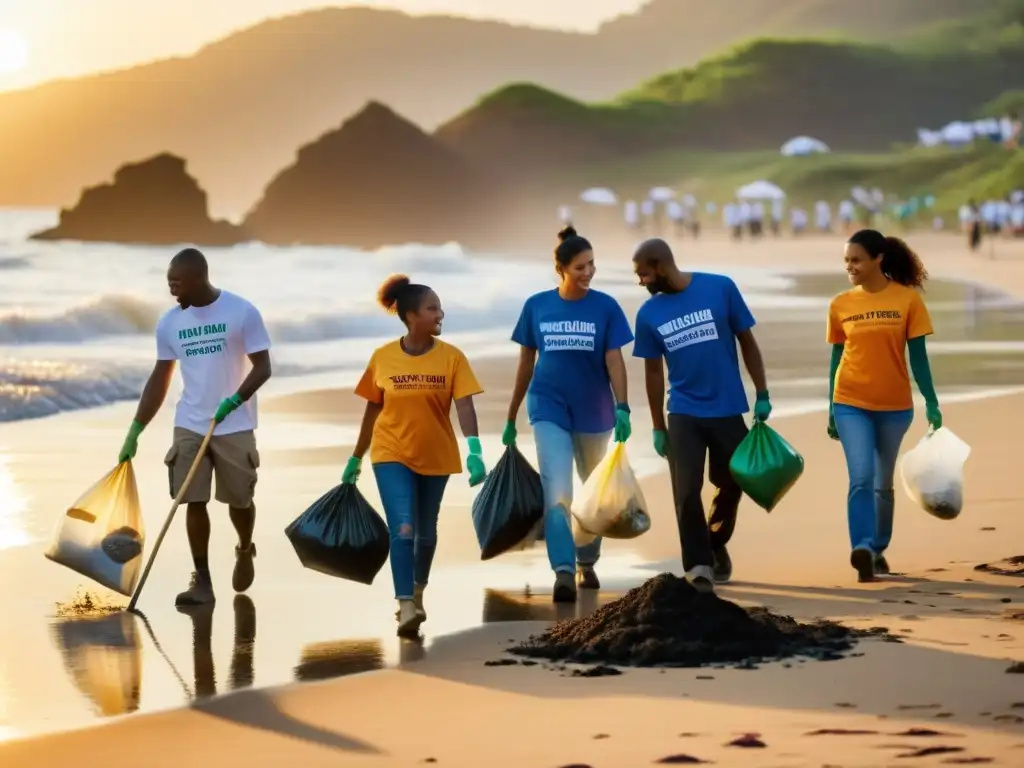 Voluntarios de ONG construyendo confianza limpiando playa al atardecer