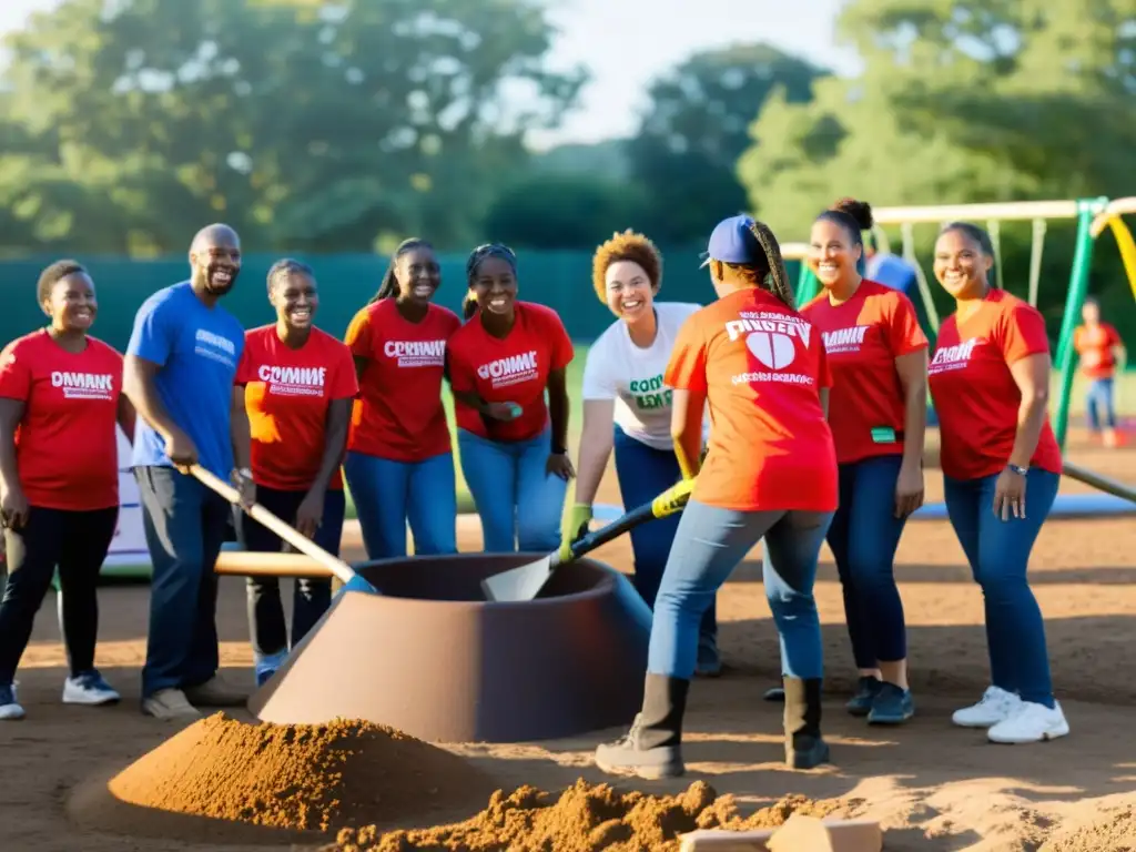 Voluntarios corporativos integrados construyen un parque infantil al atardecer, llenando de alegría a la comunidad