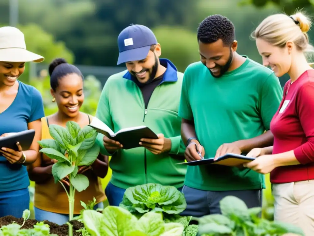 Voluntarios midiendo el crecimiento de plantas en jardín comunitario, interactuando con residentes