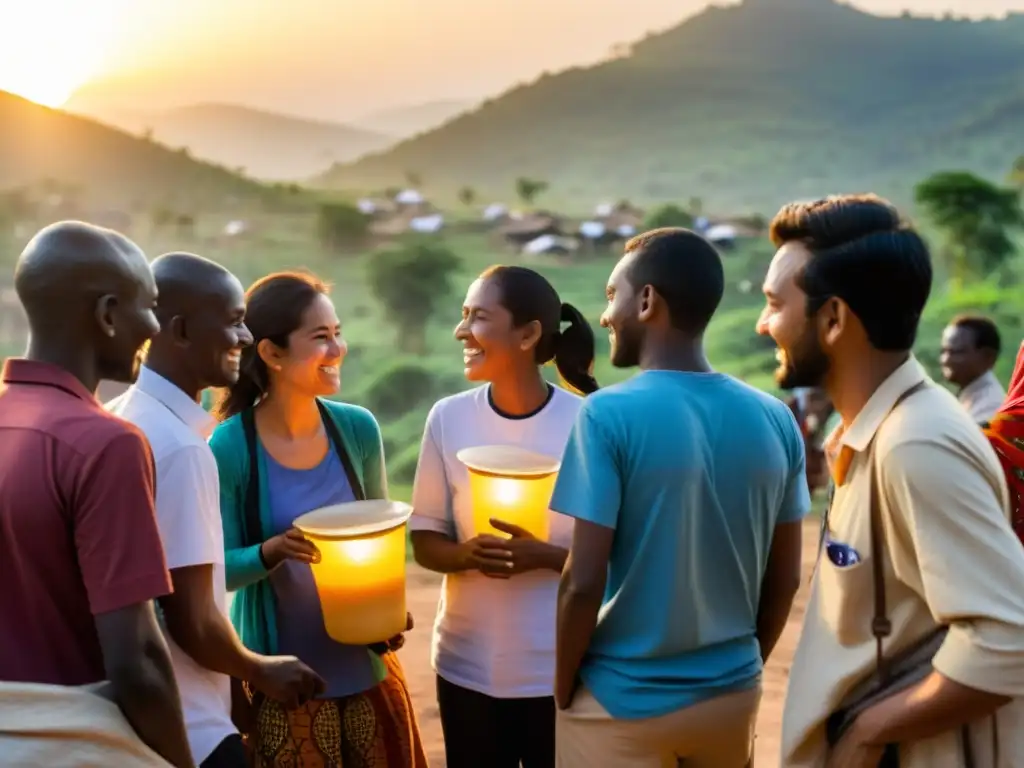 Voluntarios de distintas culturas colaboran en una aldea remota al atardecer, simbolizando la influencia cultural de ONGs en proyección mundial