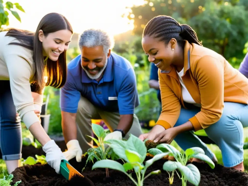 Voluntarios de diferentes culturas colaboran en un jardín comunitario al atardecer, resaltando la importancia de la diversidad y el voluntariado en ONG