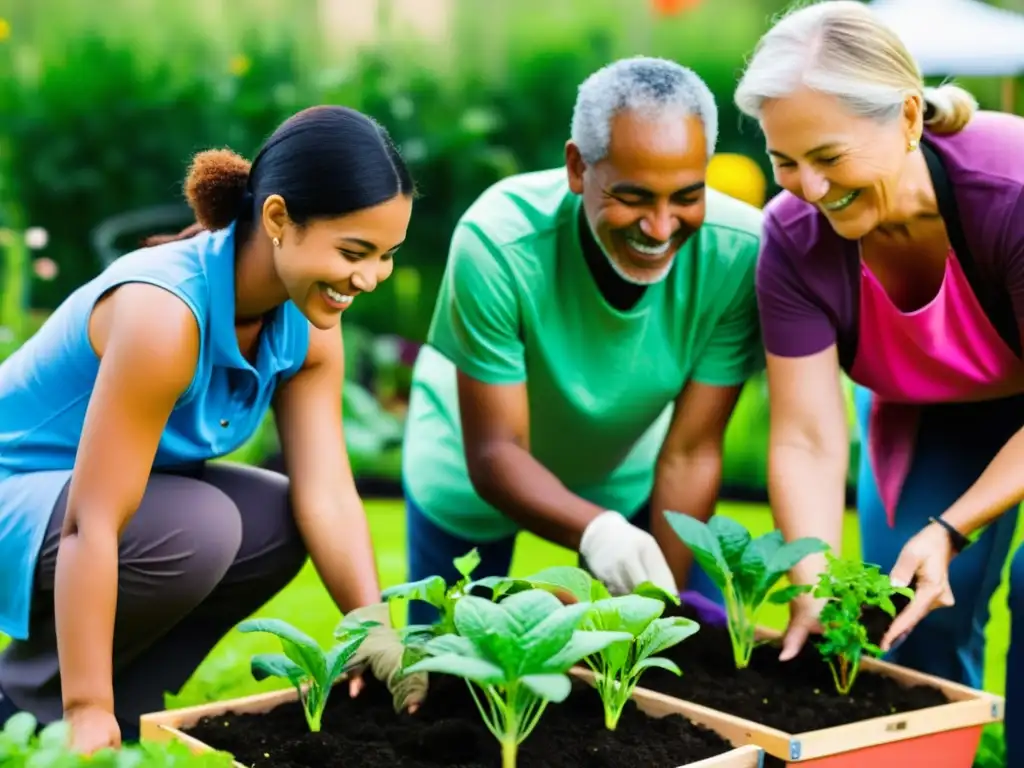 Voluntarios de diferentes culturas colaboran en jardín comunitario, representando la importancia de la diversidad cultural en el voluntariado ONG