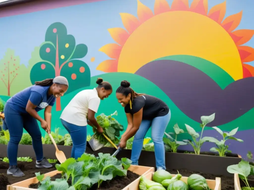 Voluntarios de diferentes culturas trabajan juntos en un huerto comunitario, reflejando la identidad y valores en ONGs