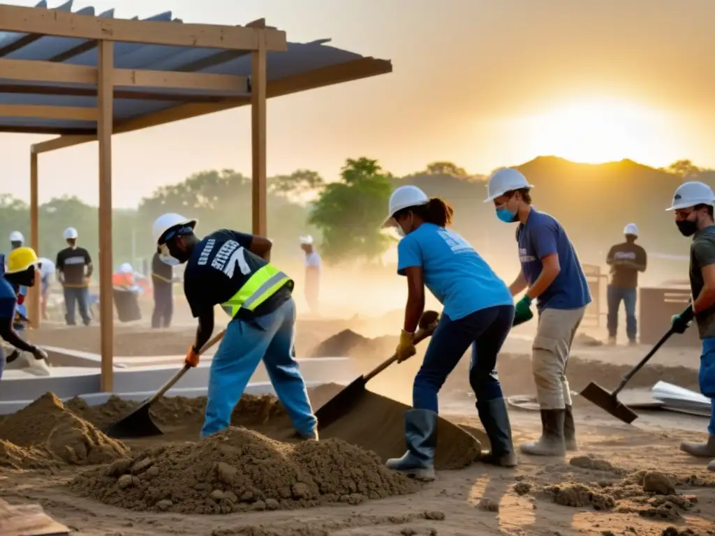 Voluntarios trabajan en reconstrucción tras desastre, mostrando resiliencia