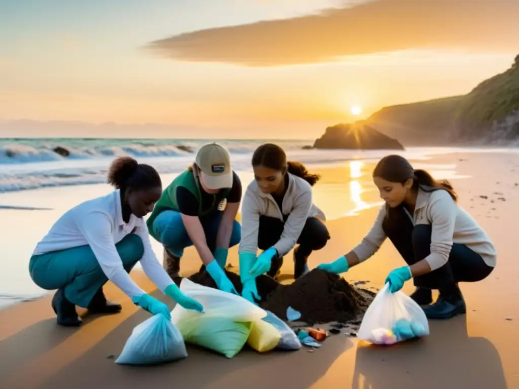 Voluntarios recogiendo desechos en la playa al amanecer