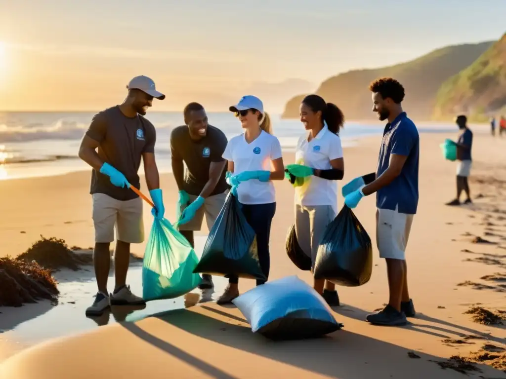 Voluntarios diversidad limpian playa al atardecer, mostrando impacto gestión proyectos medioambientales ONG sostenibilidad