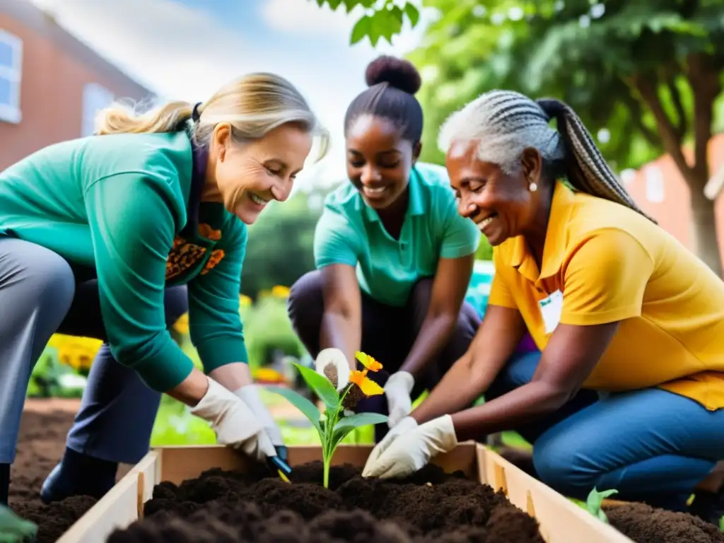 Voluntarios diversificados plantan árboles y crean jardín sostenible en comunidad urbana, reflejando esperanza y estrategias diversificación ingresos ONGs