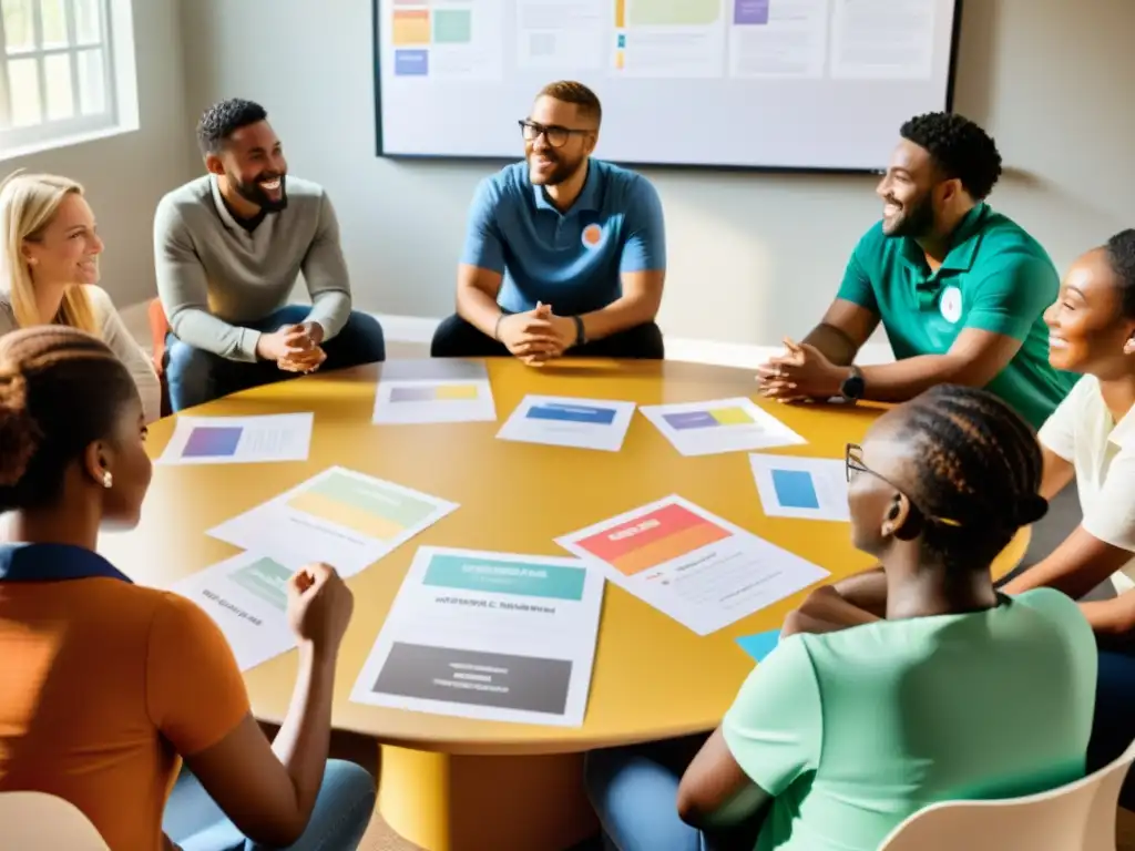 Voluntarios diversificados discuten ideas para planes de capacitación para ONGs en un ambiente inspirador y colaborativo, con luz natural cálida