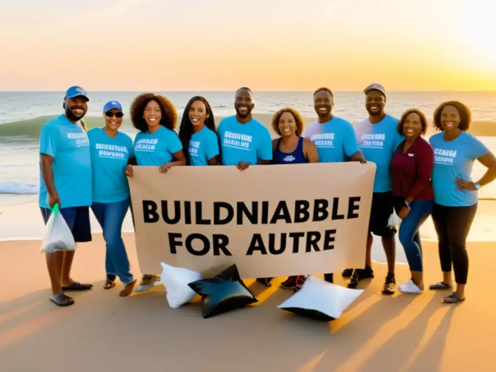 Voluntarios diversificados trabajan juntos limpiando la playa, con un mensaje de 'Construir un Futuro Limpio y Sostenible para Todos