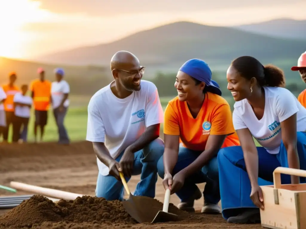 Voluntarios diversos trabajan en comunidad rural al atardecer, optimizando el talento voluntario en ONGs