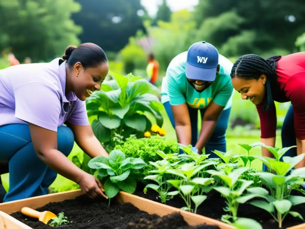 Voluntarios diversos, con discapacidades, trabajan en jardín comunitario, integrando minorías en proyectos sociales