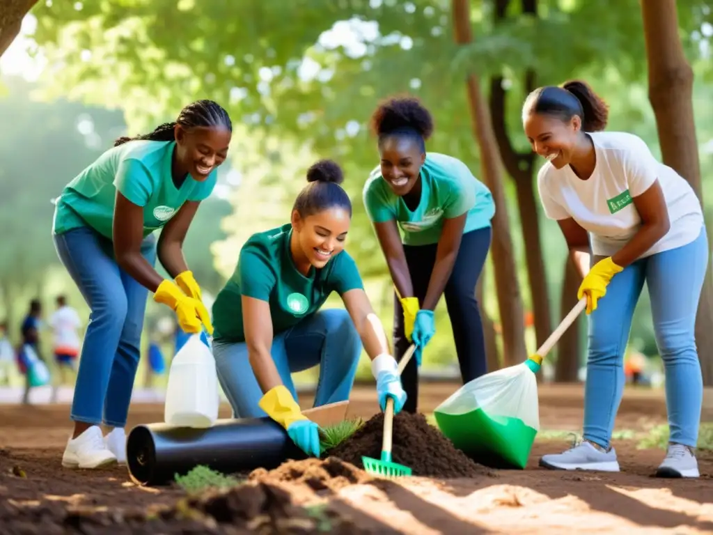 Voluntarios diversos trabajan juntos para mejorar el parque, demostrando estrategias para impulsar participación comunitaria