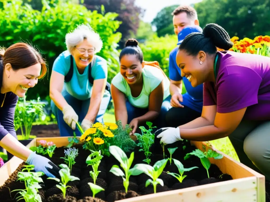 Voluntarios diversos, incluyendo personas con discapacidad, mayores y minorías étnicas, construyen un jardín comunitario