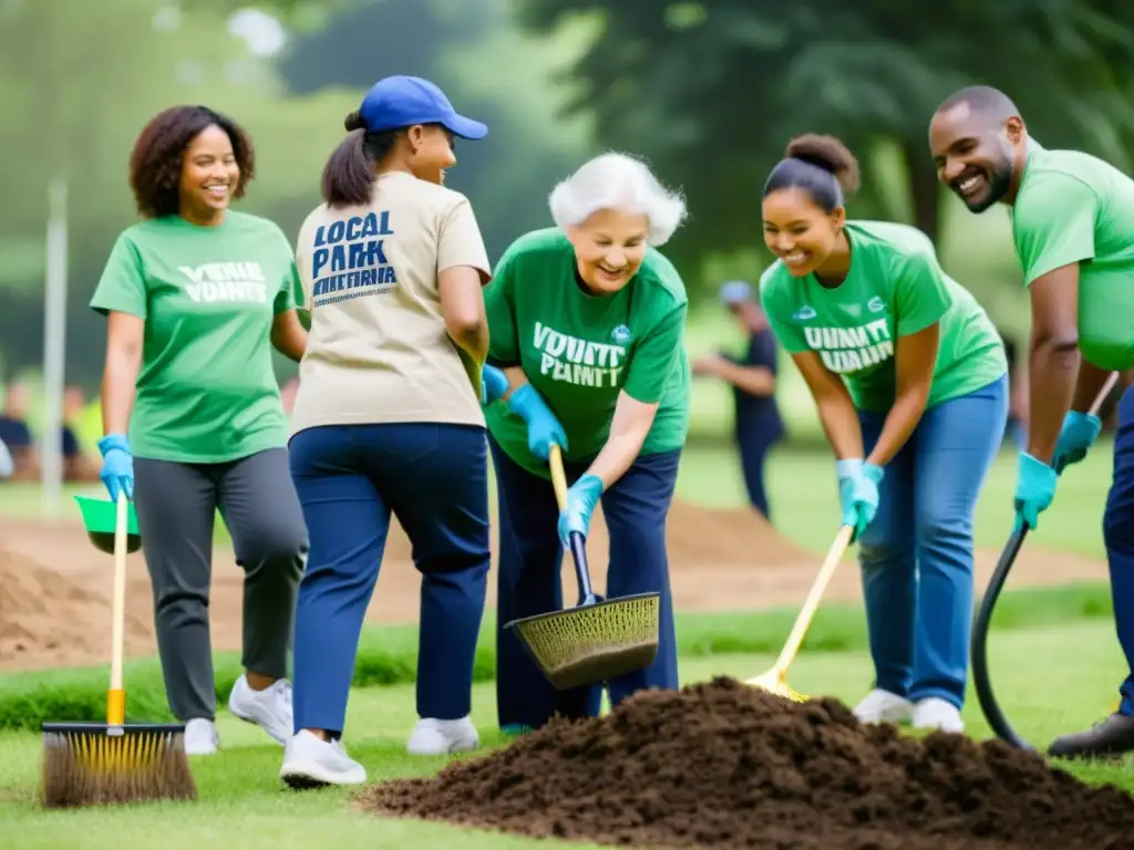 Voluntarios diversos, incluyendo personas con discapacidad, limpiando un parque al atardecer