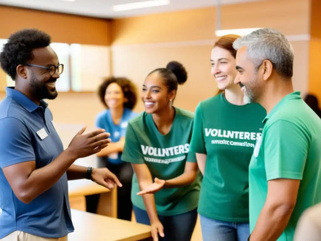 Voluntarios diversos colaborando en un proyecto con calidez y cooperación