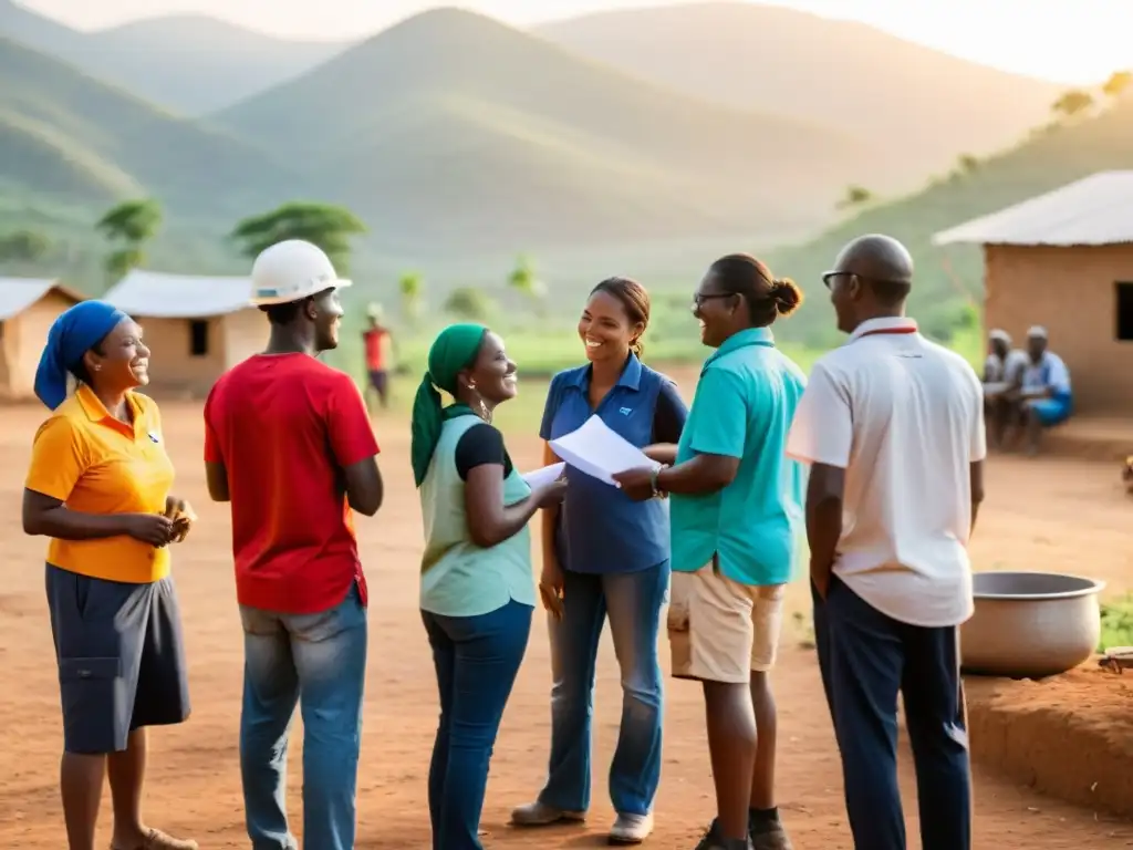 Voluntarios diversos en un pueblo remoto, colaborando en enseñanza, construcción y salud al atardecer