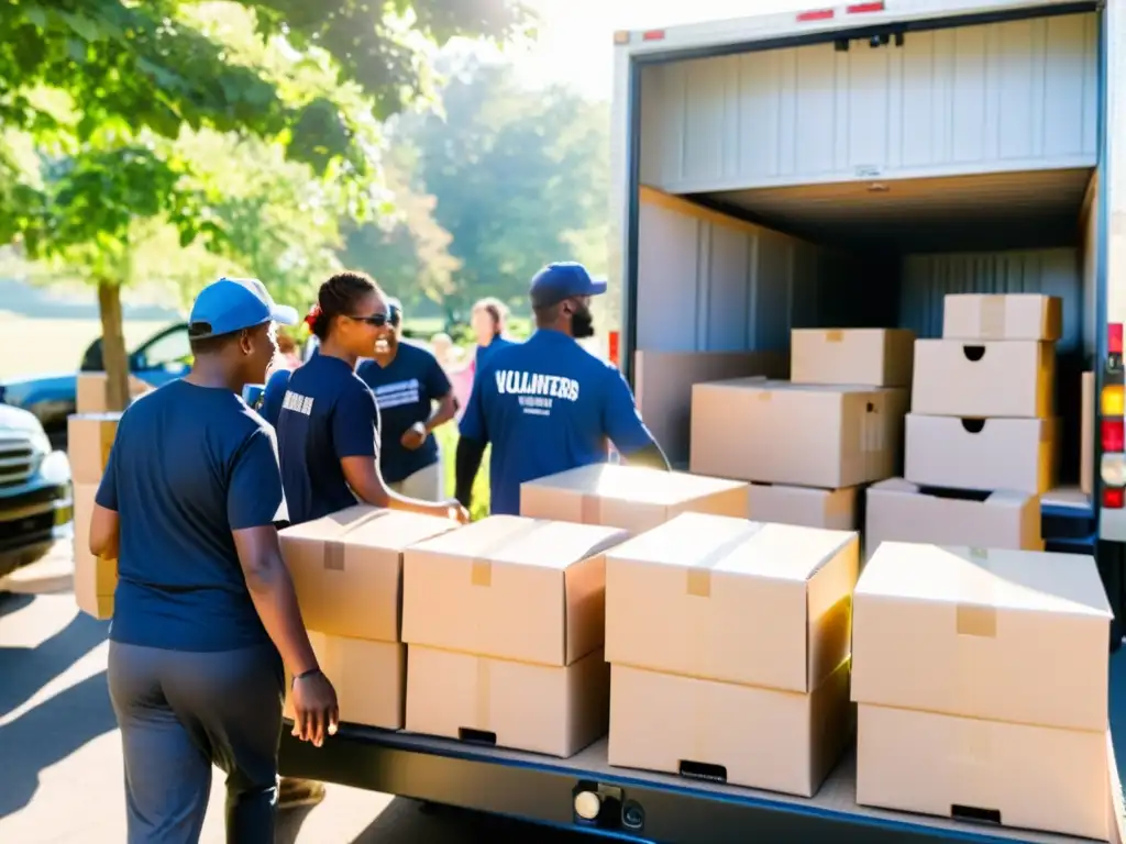 Voluntarios descargando donaciones en especie frente a un centro comunitario, con luz solar entre los árboles