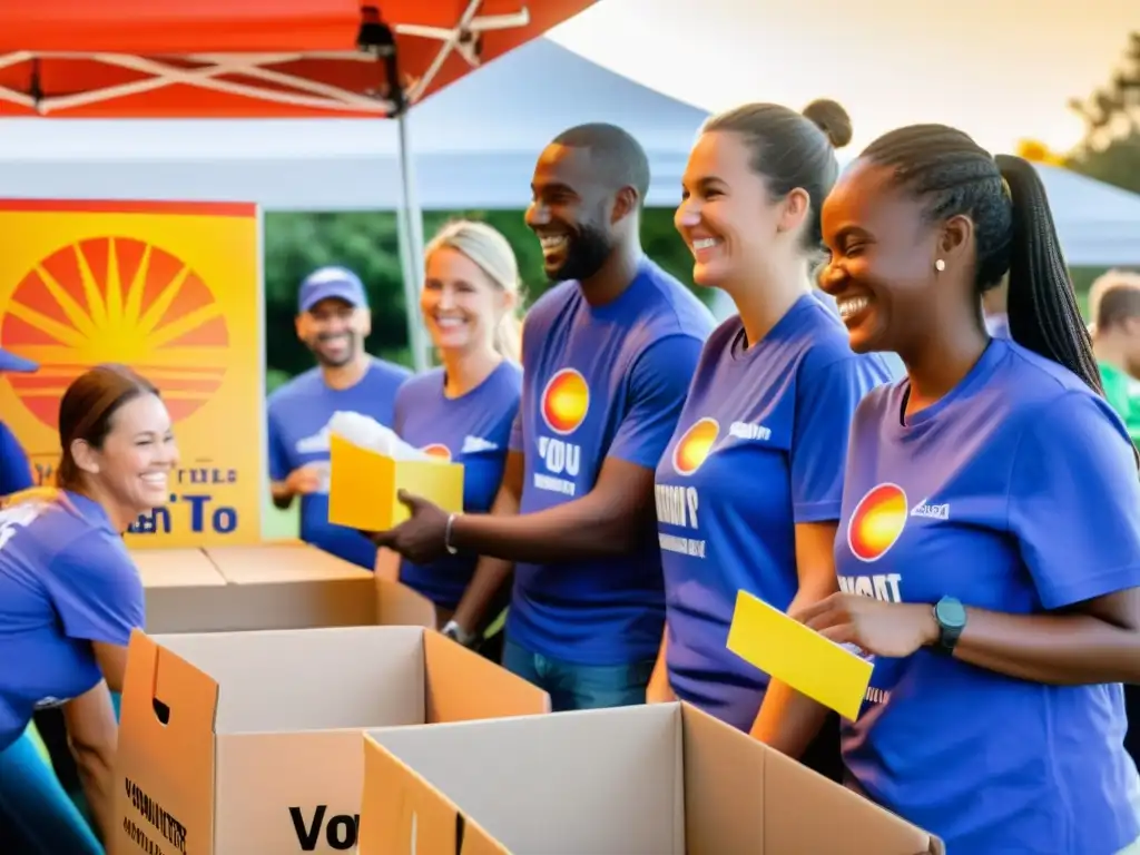 Voluntarios organizando donaciones en evento comunitario mientras el sol se pone, creando un ambiente cálido y vibrante de participación