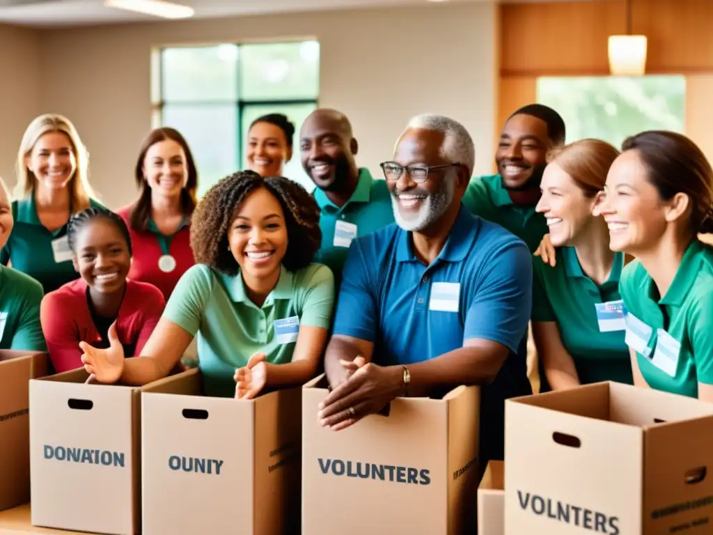 Voluntarios y donantes se reúnen en un centro comunitario, rodeados de cajas de donación