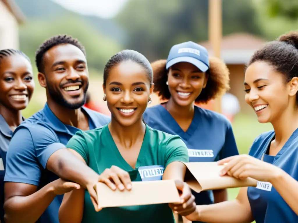 Voluntarios y donantes unidos en proyecto comunitario, mostrando empatía y solidaridad