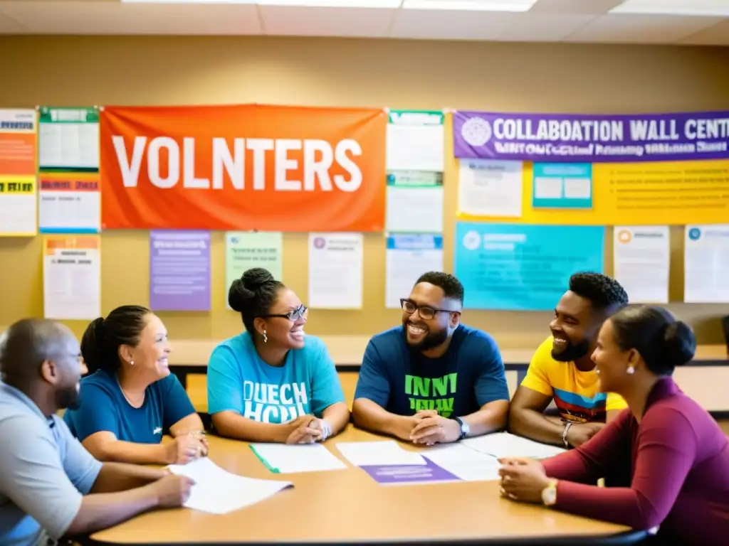 Voluntarios de diferentes edades colaboran en un centro comunitario, planeando programas de apoyo