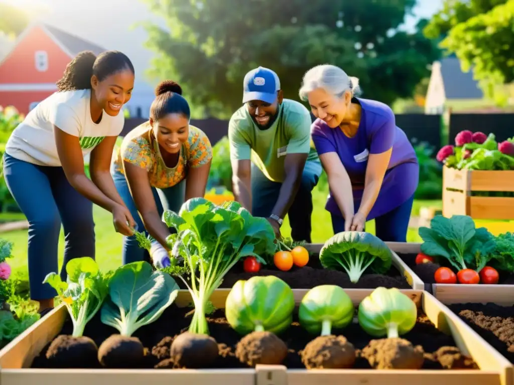 Voluntarios de diferentes edades y culturas colaboran en un huerto comunitario, plantando frutas y verduras