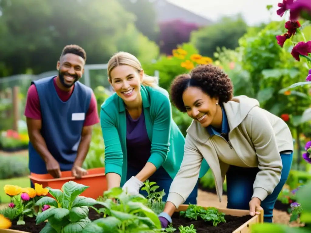 Voluntarios de diversas edades y culturas trabajan juntos en un jardín comunitario, mostrando la importancia de las habilidades blandas en el voluntariado