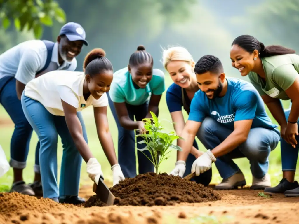 Voluntarios de diferentes edades y etnias se unen para apoyar a una ONG, plantando árboles, distribuyendo comida y enseñando a niños