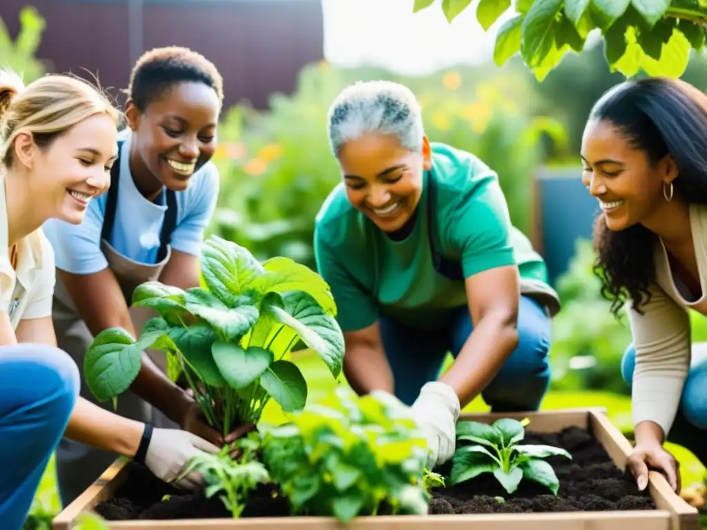 Voluntarios diversas edades y etnias trabajan juntos en jardín comunitario, demostrando importancia diversidad en voluntariado ONG