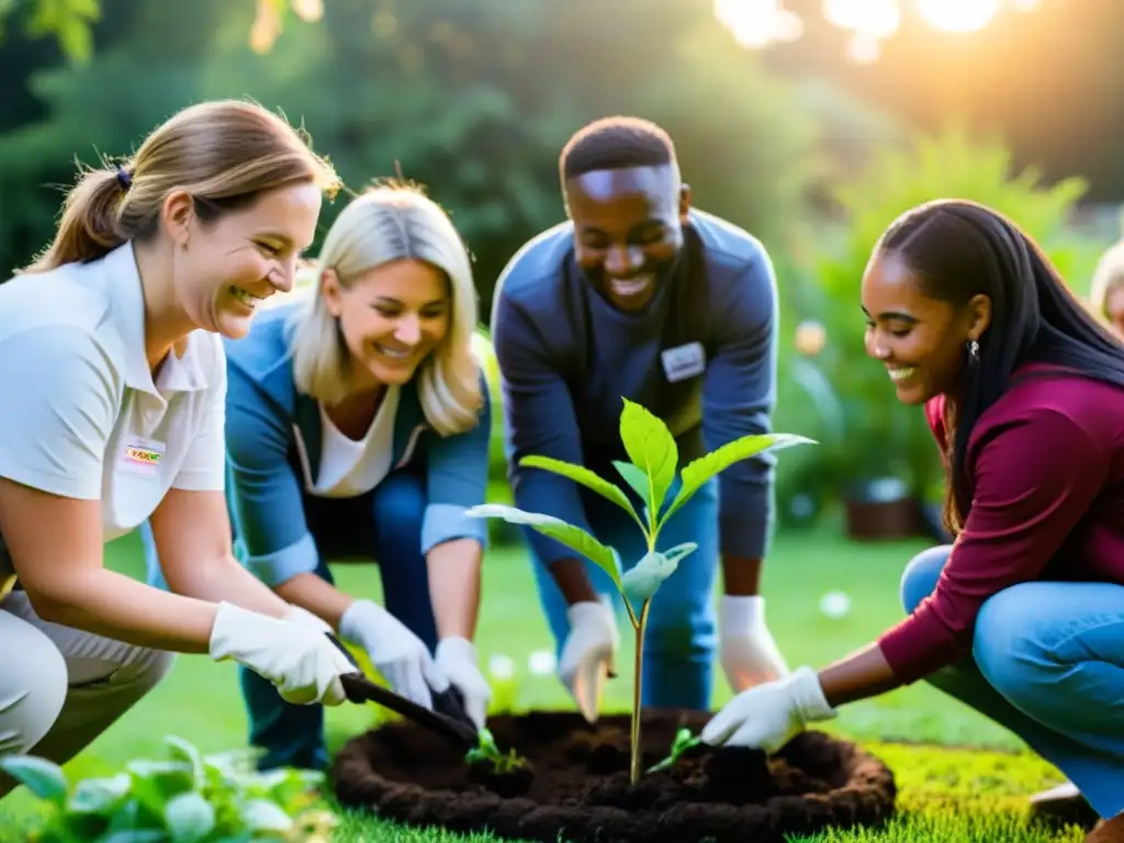 Voluntarios de distintas edades y orígenes trabajan juntos en un jardín comunitario al atardecer, proyectando unidad y propósito