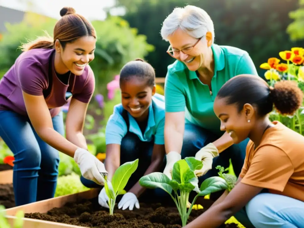 Voluntarios de diversas edades y orígenes trabajan juntos en un jardín comunitario, mostrando la importancia de la diversidad en el voluntariado de ONG