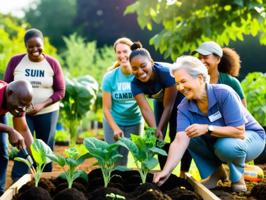 Voluntarios de diversas edades y orígenes trabajan juntos en un huerto comunitario, mostrando los beneficios de la economía colaborativa para ONGs