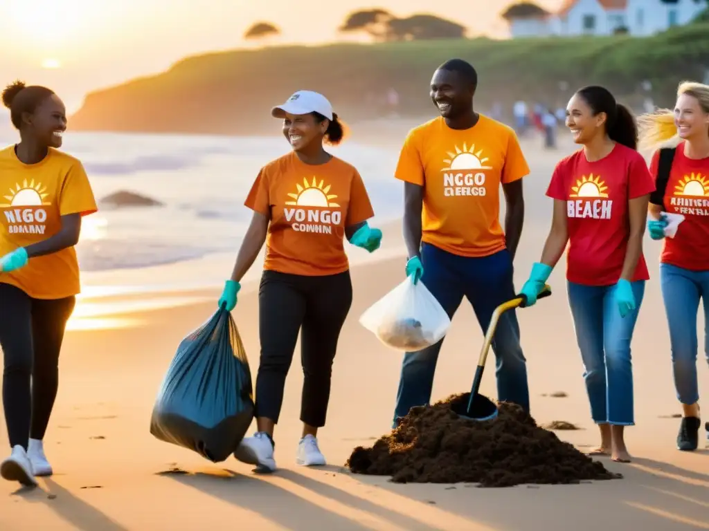 Voluntarios de diferentes edades y orígenes limpiando la playa al atardecer, promoviendo el manejo de imagen en ONGs con alegría y colaboración