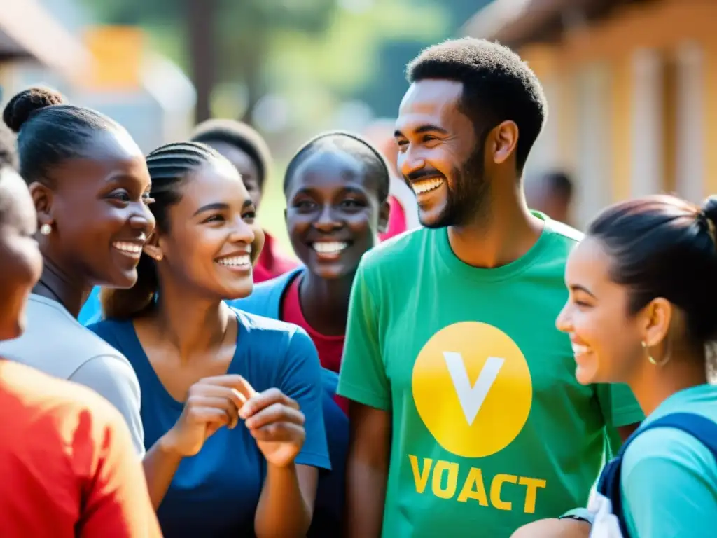 Voluntarios de diferentes edades y trasfondos colaborando en un programa comunitario, transmitiendo impacto social y conexiones genuinas