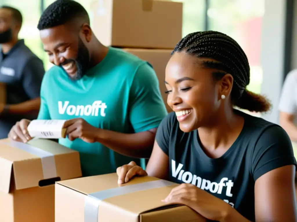 Voluntarios y empleados colaboran para ayudar familias necesitadas Voluntarios y empleados colaboran empacando ayuda para familias necesitadas, mostrando la impactante unión de estrategias matching gifts para ONGs
