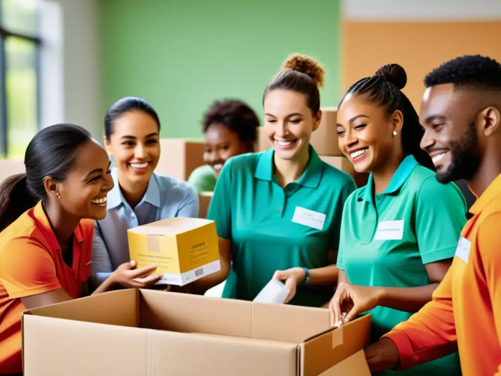 Voluntarios y empleados colaboran para ayudar a familias necesitadas Voluntarios y empleados colaboran en un centro comunitario, empaquetando donaciones para familias necesitadas