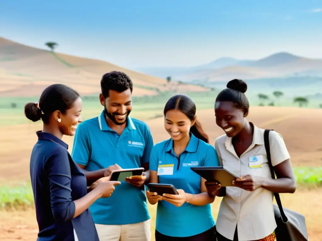 Voluntarios realizando encuestas con tablets en comunidad rural