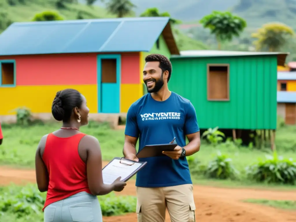 Voluntarios de ONG realizan encuestas en comunidad rural, rodeados de naturaleza y casas coloridas