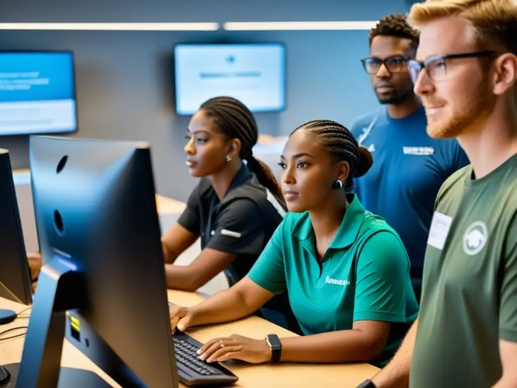 Voluntarios enfocados en un laboratorio de computación aprendiendo sobre ciberseguridad para ONGs, mostrando determinación y profesionalismo
