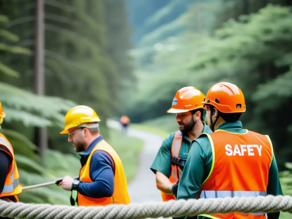 Voluntarios realizan entrenamiento de seguridad al aire libre, enfocados en técnicas de cuerdas y arneses