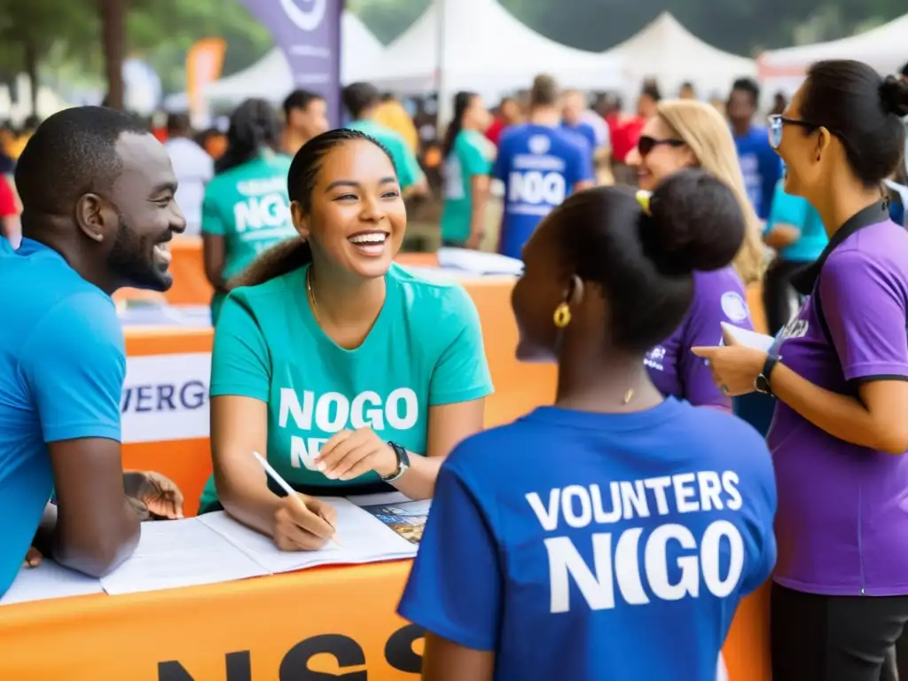 Voluntarios de ONG interactúan con entusiasmo con multitud diversa en evento al aire libre, mostrando compromiso con analítica web