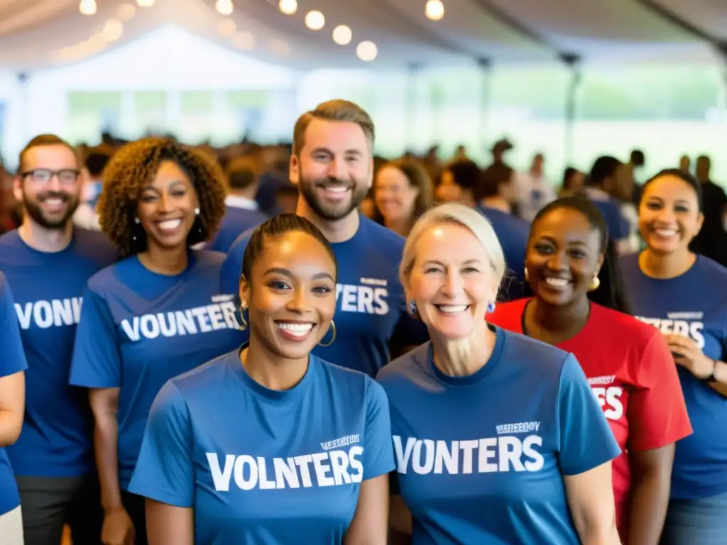 Voluntarios entusiastas interactúan con donantes en evento de recaudación de fondos para ONGs, transmitiendo unidad y propósito comunitario