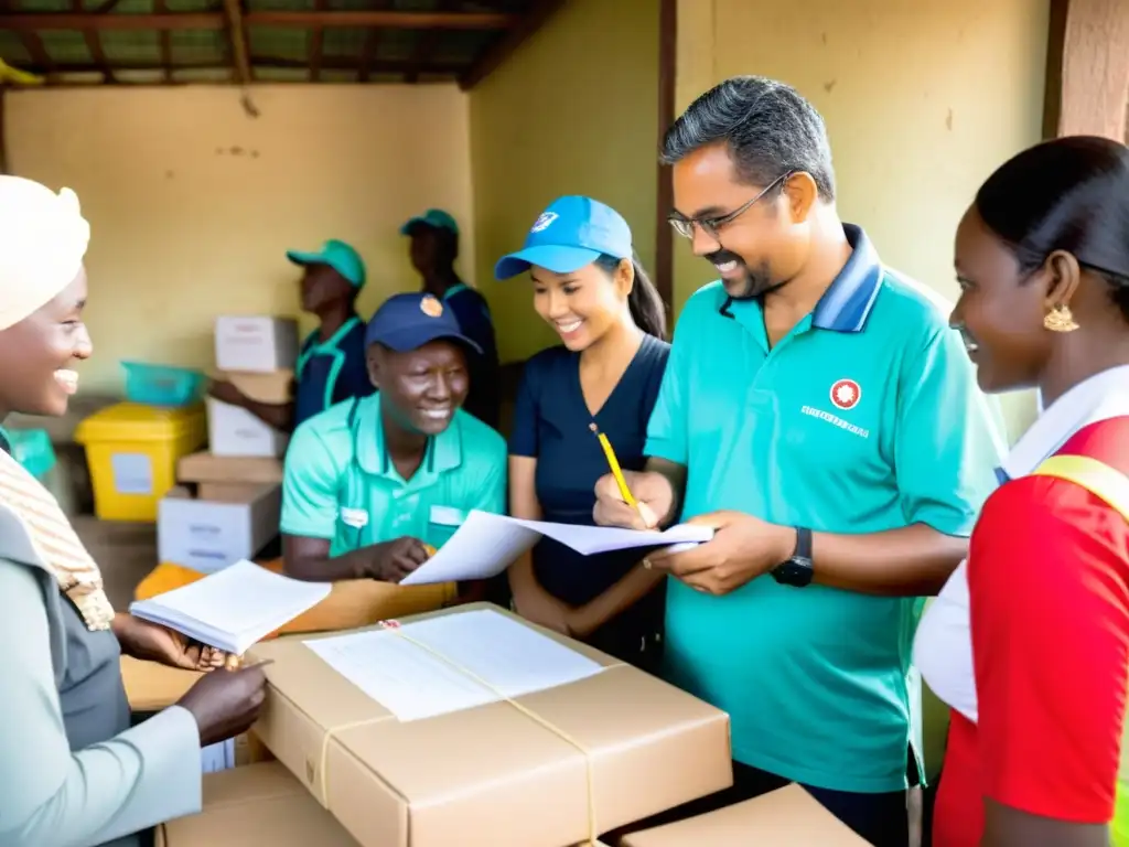 Voluntarios de ONG evitan errores en gestión de activos al catalogar suministros en comunidad necesitada, mostrando compasión y determinación