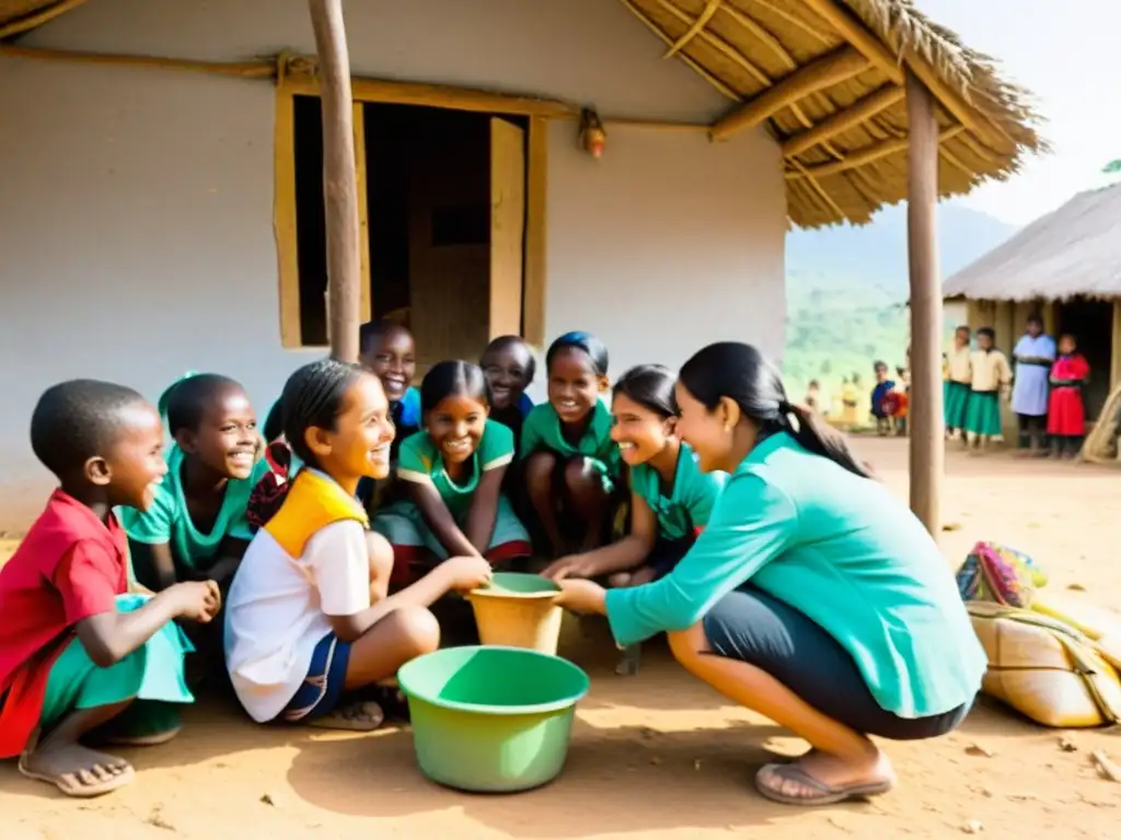Voluntarios construyendo escuela en pueblo remoto, interactuando con la comunidad y niños con entusiasmo