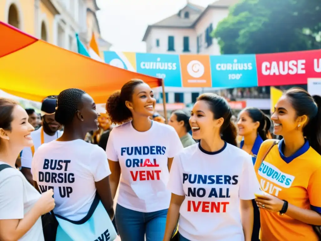 Voluntarios de ONG pequeña organizan estrategias recaudación fondos en plaza llena de energía y color