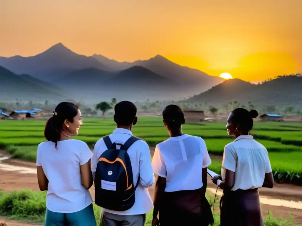 Voluntarios de una ONG realizan evaluación de impacto en comunidad rural al atardecer, intercambiando datos y sonrisas con residentes locales